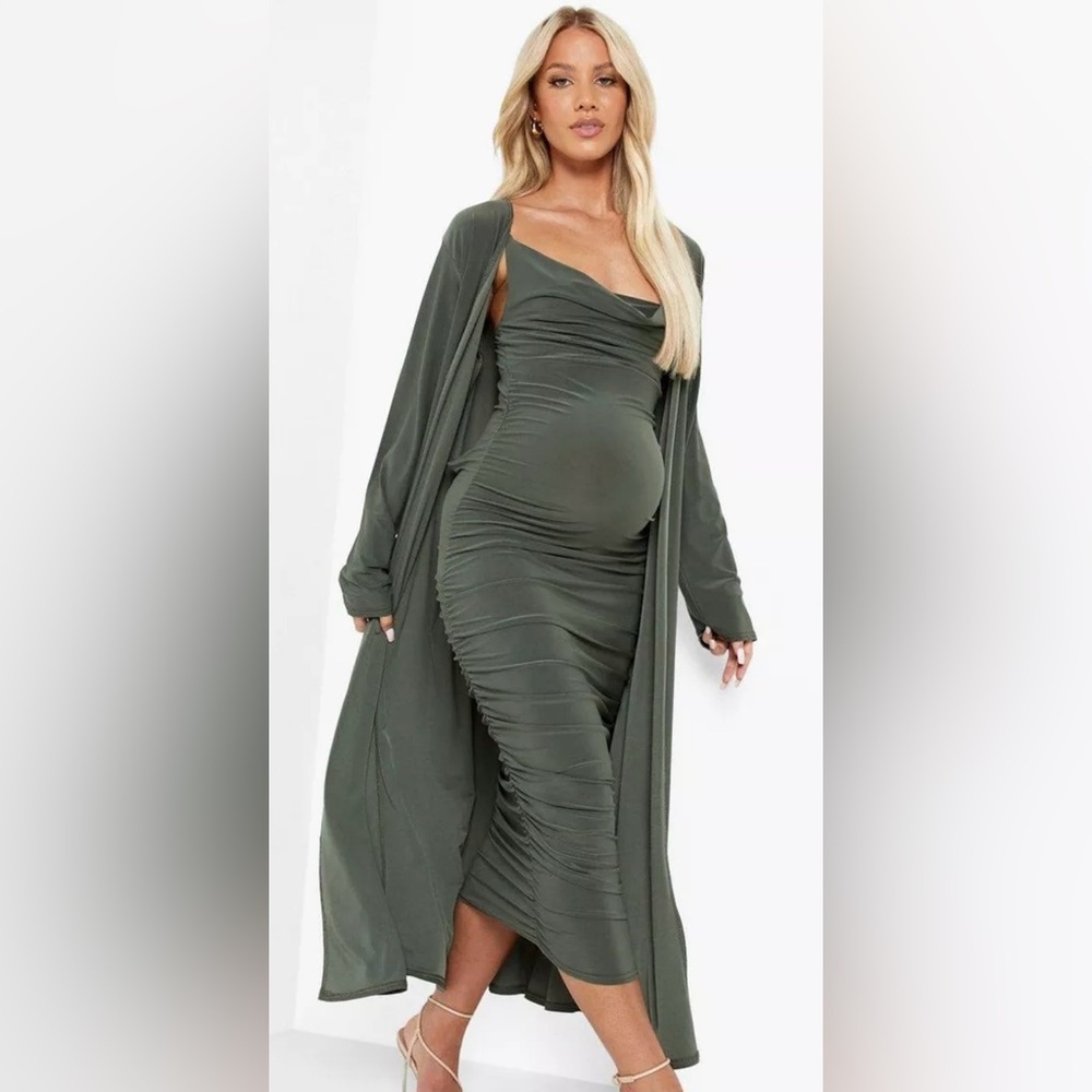Boohoo | Dresses | Boohoo Maternity Elegant Olive Green Dress With Duster  Euc Size 4 Us | Poshmark